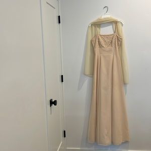 Spaghetti strap, beaded champagne colored gown with matching shawl. Circa 1998.